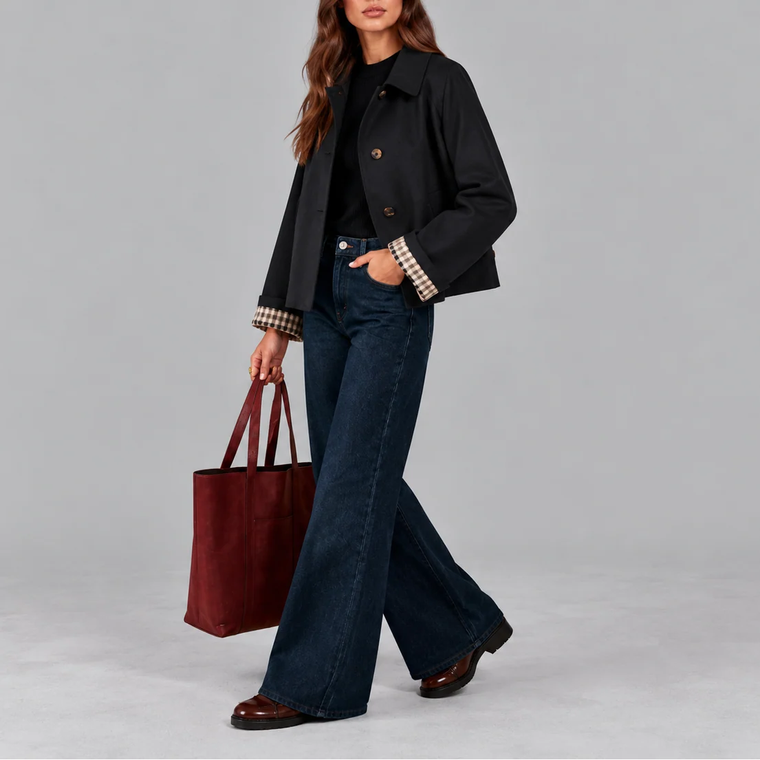 Cropped Trench Jacket with Stylish Plaid Lining 5