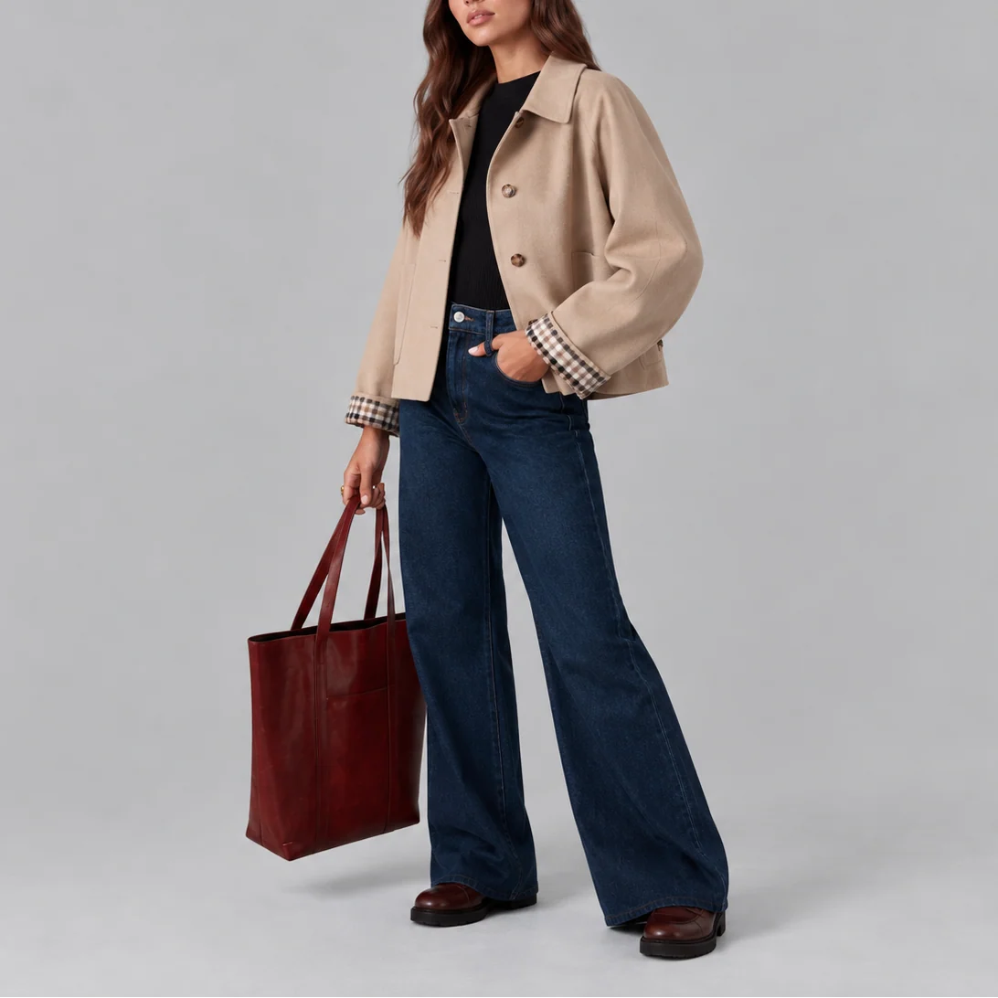 Cropped Trench Jacket with Stylish Plaid Lining 7
