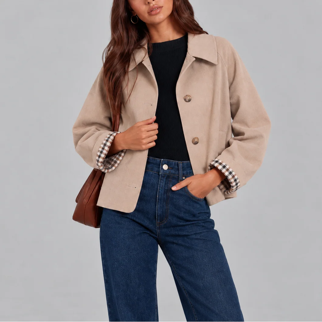 Cropped Trench Jacket with Stylish Plaid Lining 6