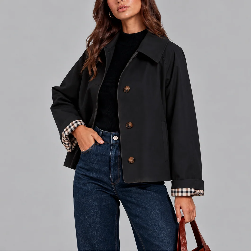 Cropped Trench Jacket with Stylish Plaid Lining 4