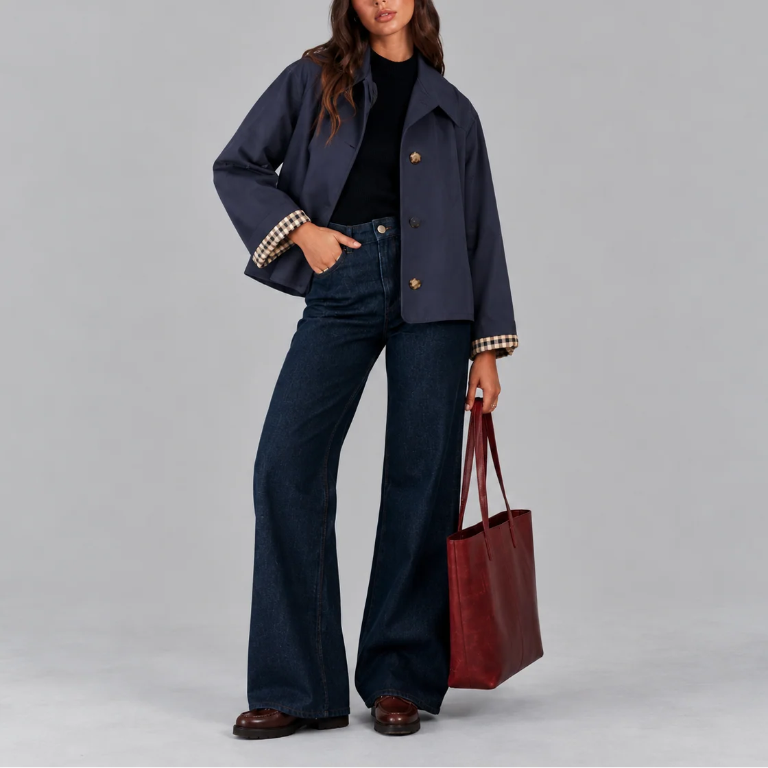 Cropped Trench Jacket with Stylish Plaid Lining 2
