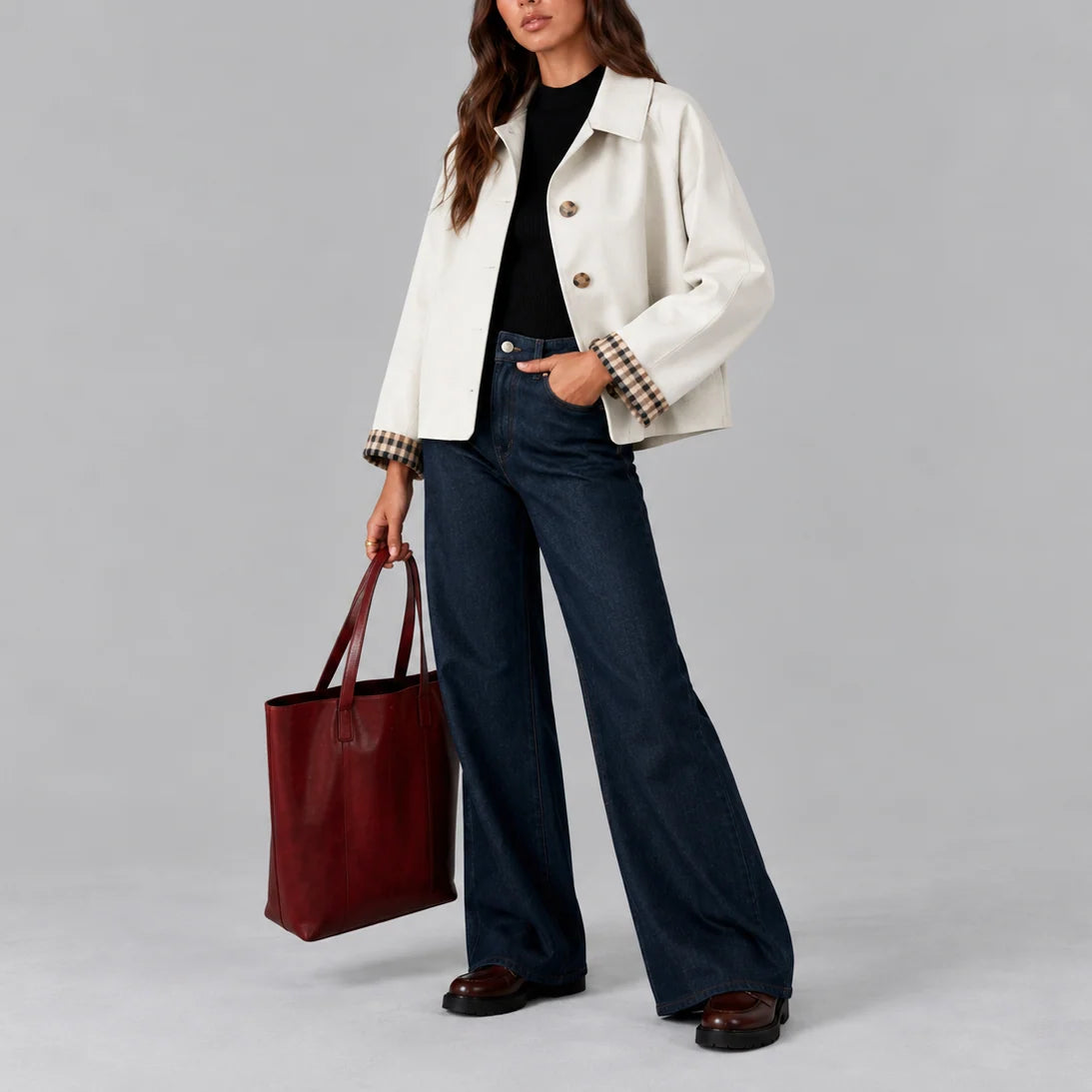 Cropped Trench Jacket with Stylish Plaid Lining 0