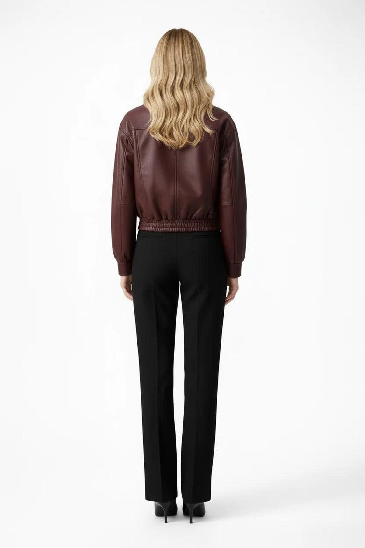 Cropped Vegan Leather Bomber Jacket with Pointed Collar 1