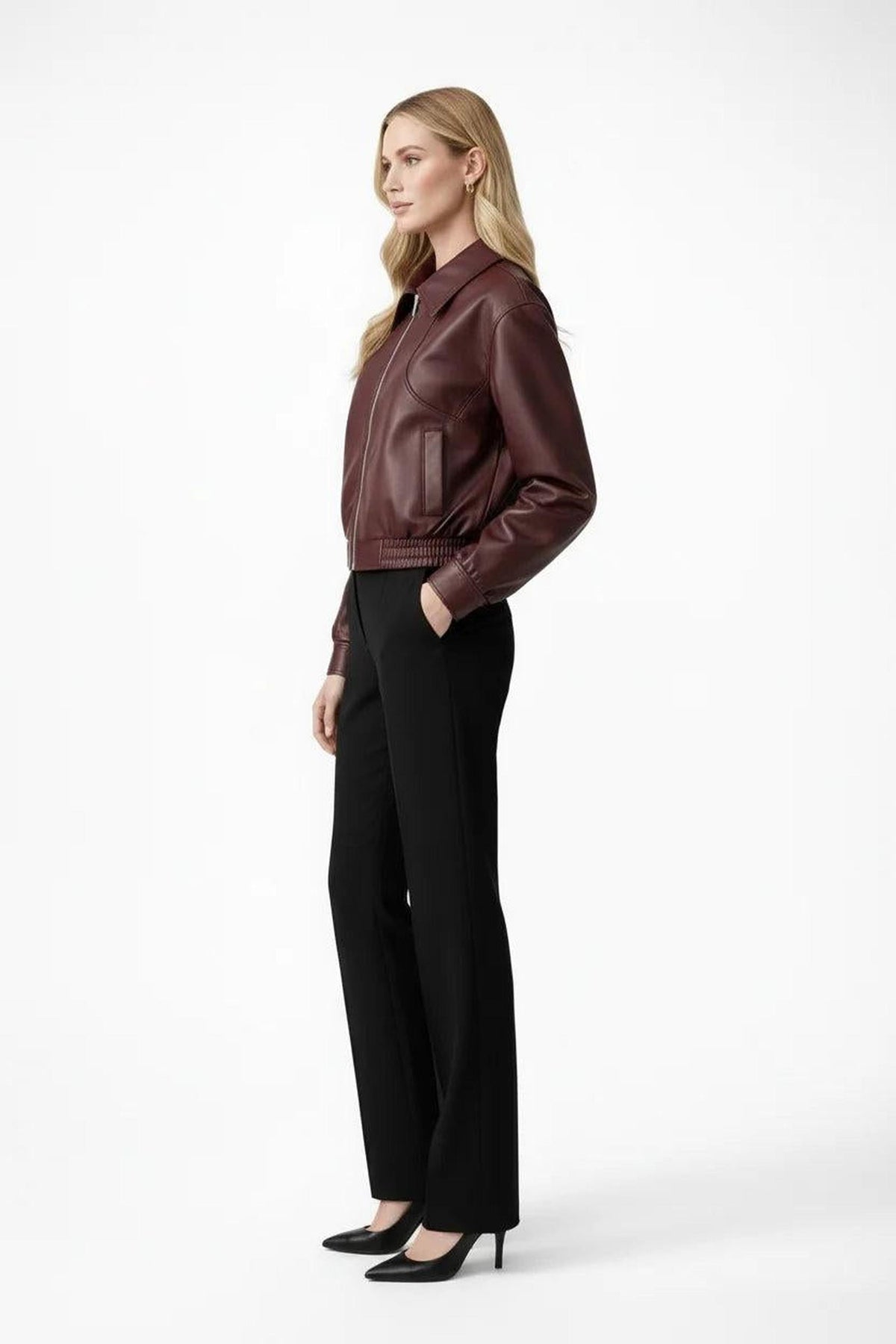 Cropped Vegan Leather Bomber Jacket with Pointed Collar 2
