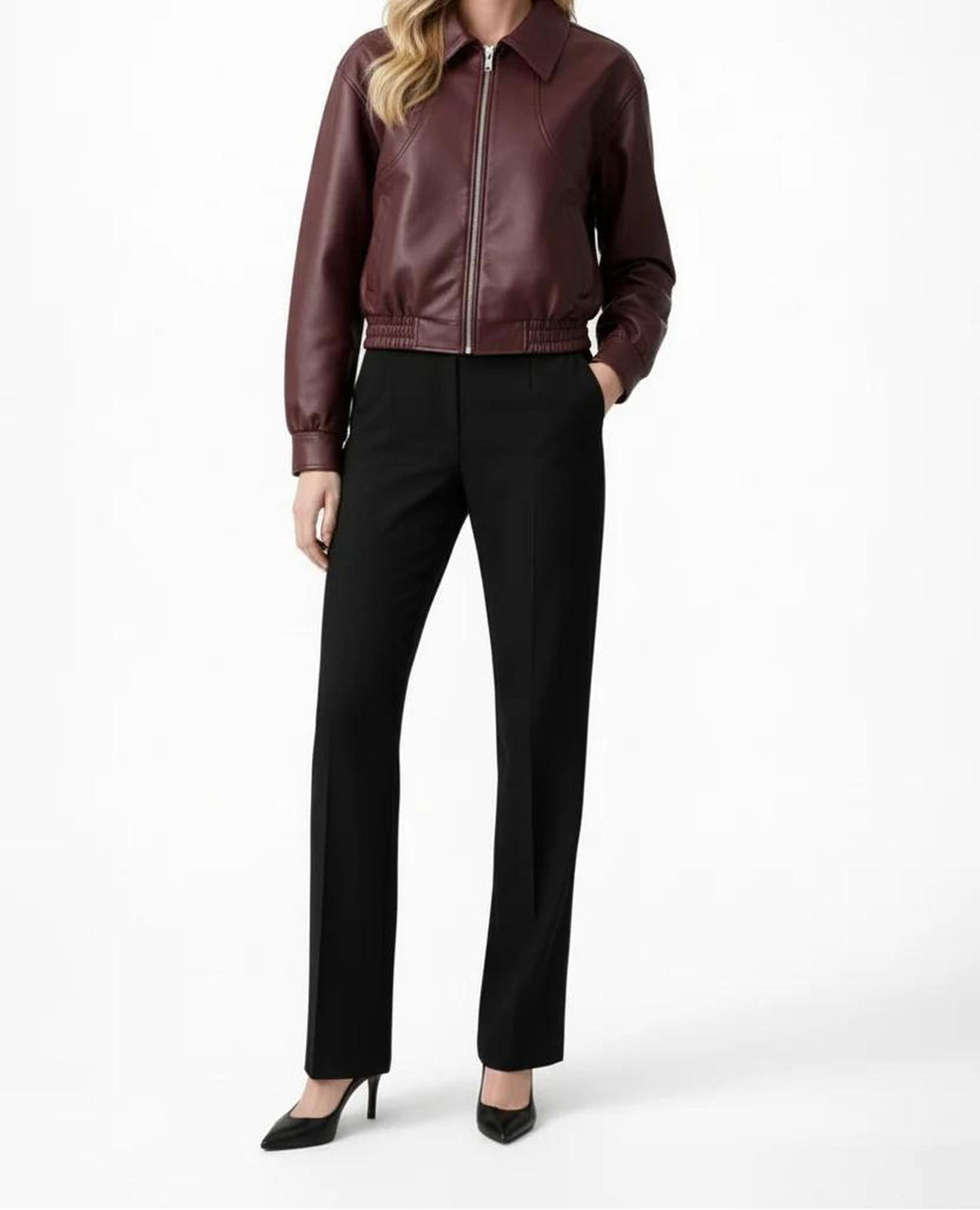 Cropped Vegan Leather Bomber Jacket with Pointed Collar 0