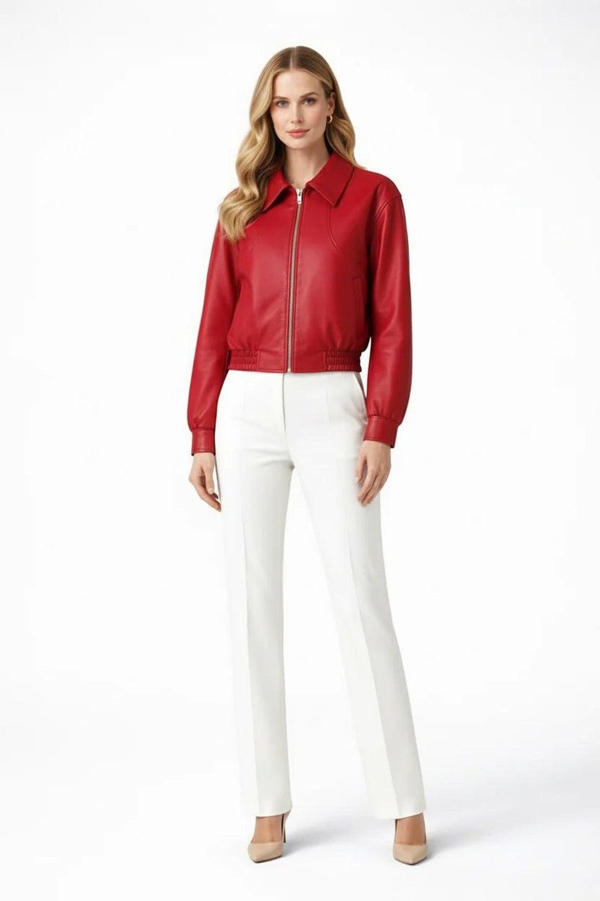 Cropped Vegan Leather Bomber Jacket with Pointed Collar 3