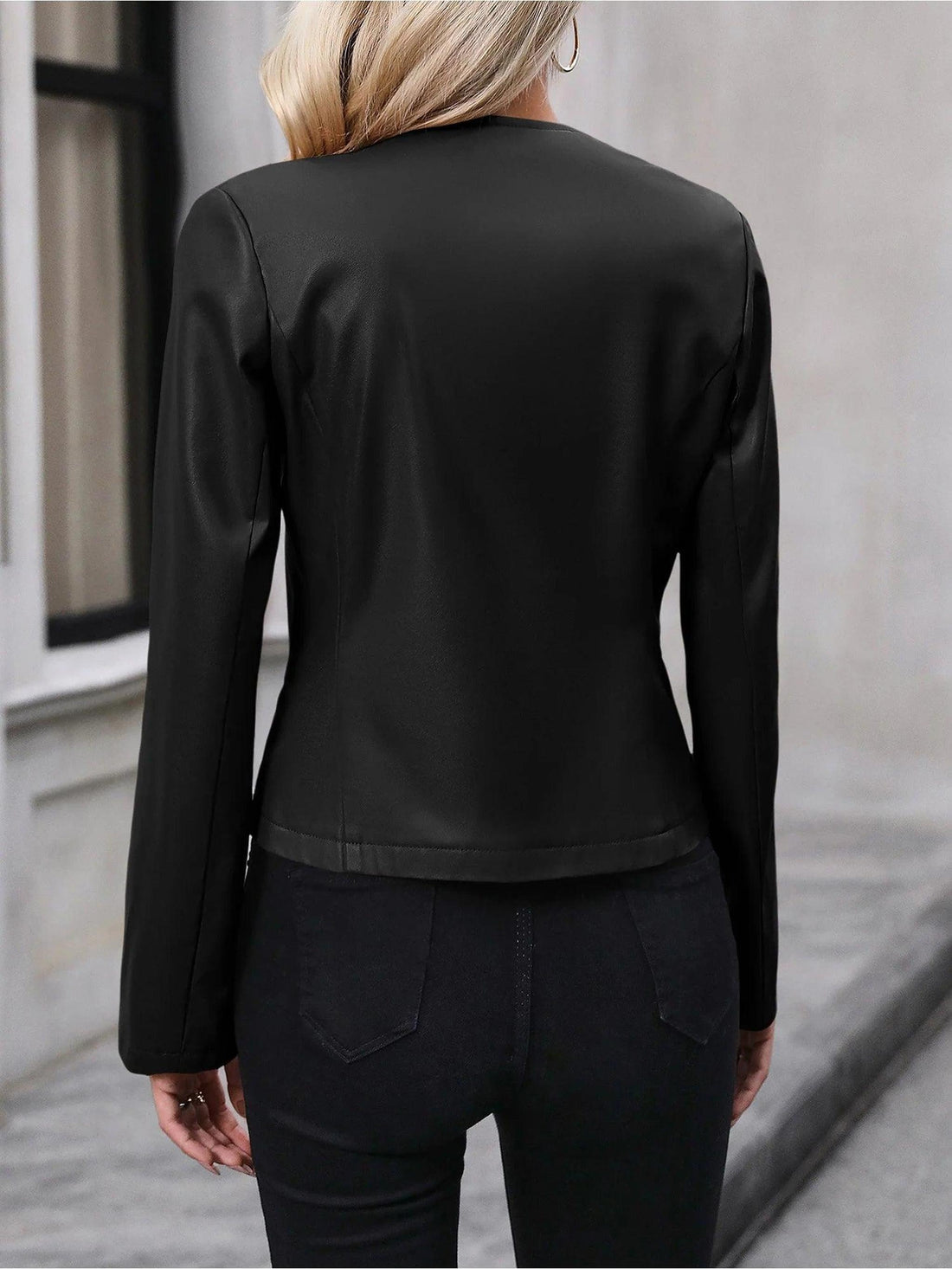 Cropped Vegan Leather Jacket with Round Neck Design 0