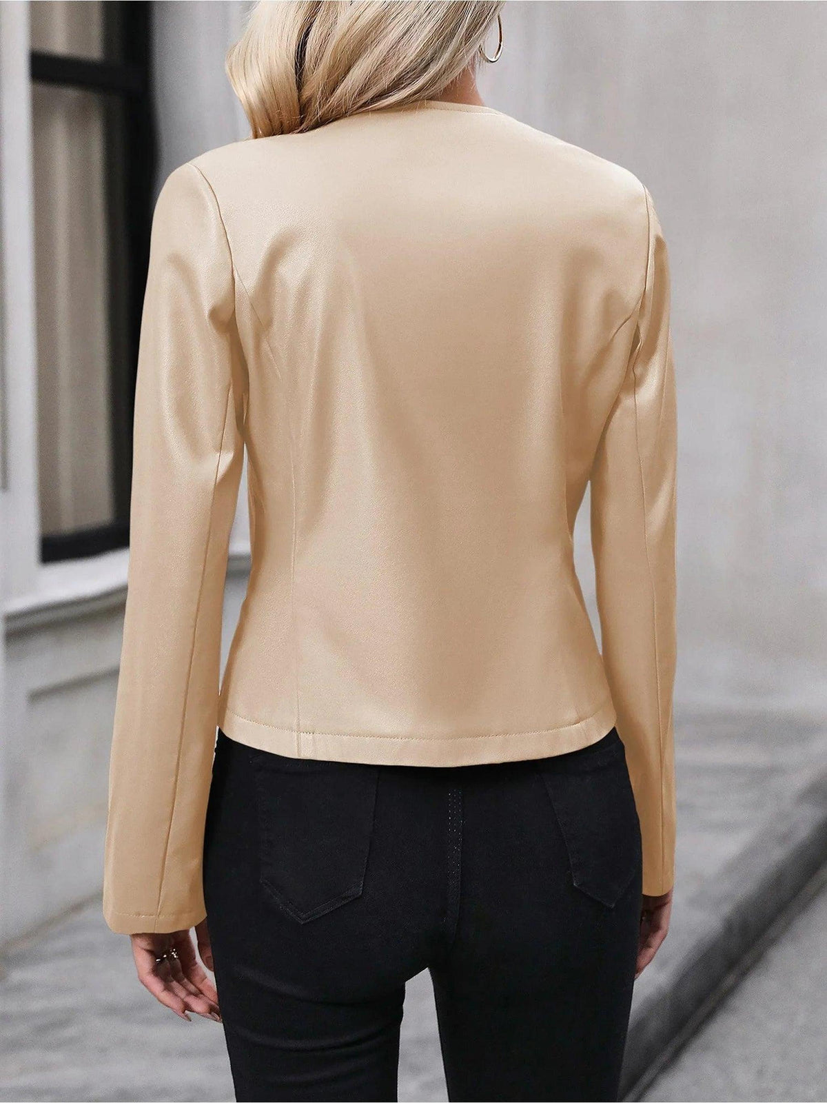 Cropped Vegan Leather Jacket with Round Neck Design 4