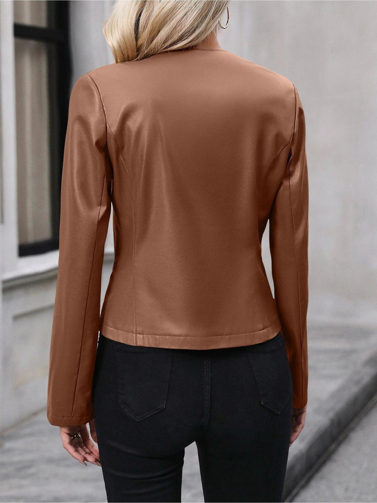 Cropped Vegan Leather Jacket with Round Neck Design 7