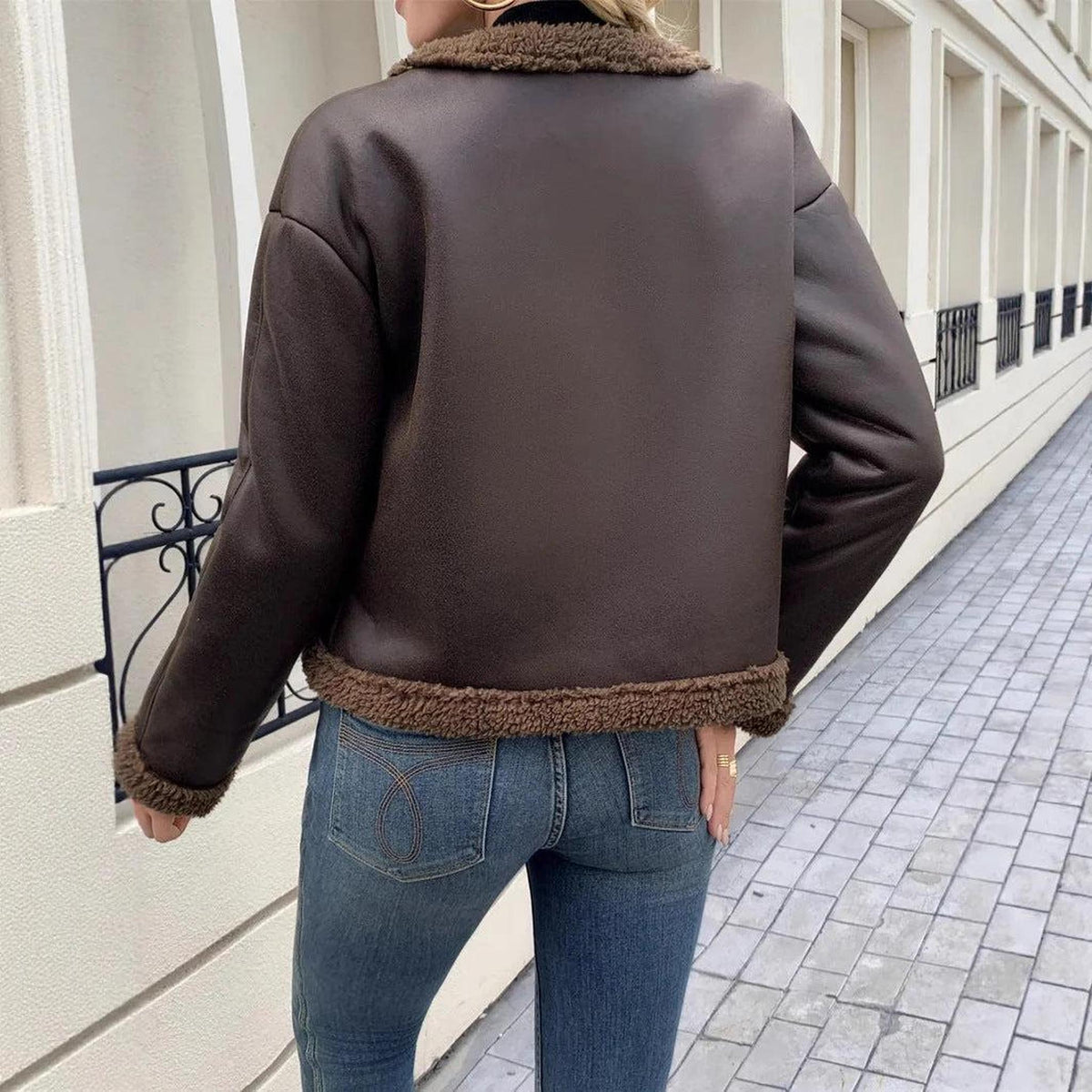 Cropped Vegan Leather Jacket with Sherpa Trim 1