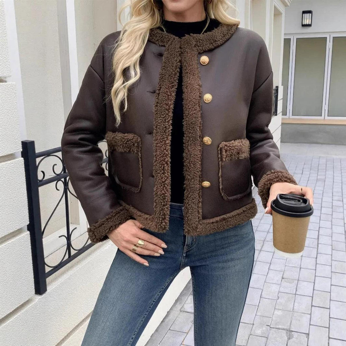 Cropped Vegan Leather Jacket with Sherpa Trim 2