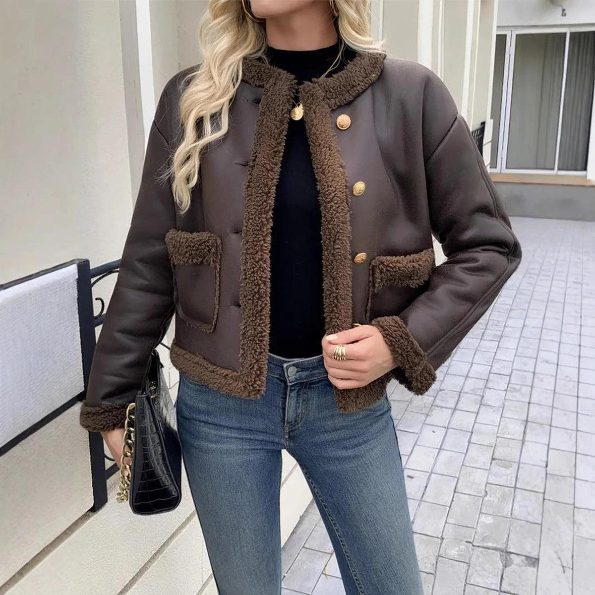 Cropped Vegan Leather Jacket with Sherpa Trim 3