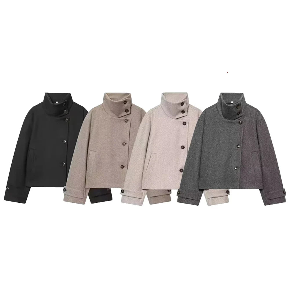 Cropped Wool Blend Jacket with Buckle Collar for Women 2