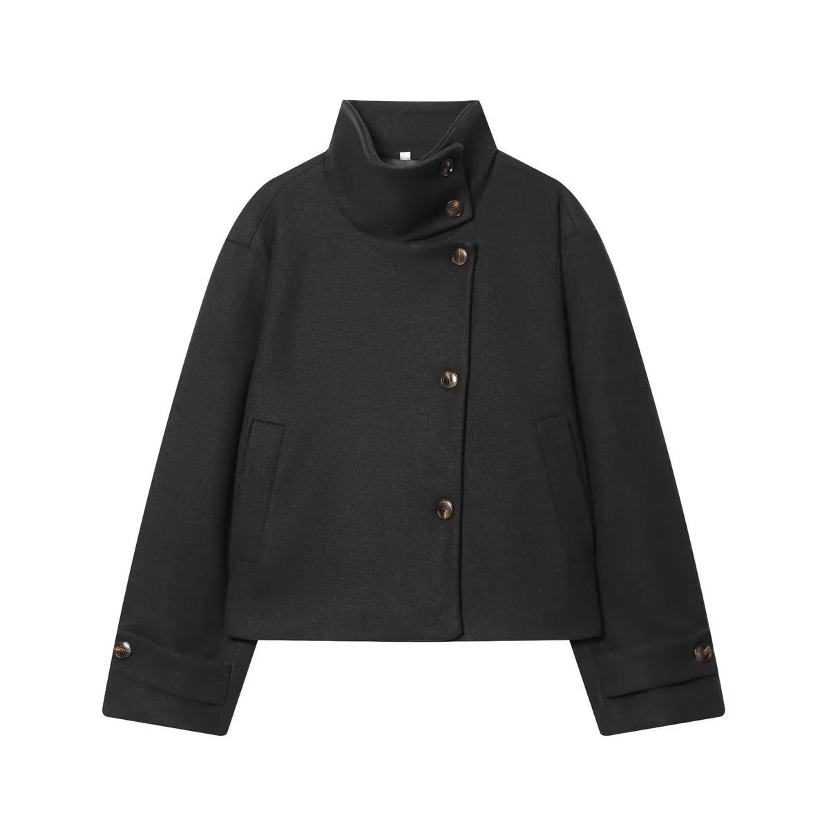 Cropped Wool Blend Jacket with Buckle Collar for Women 0