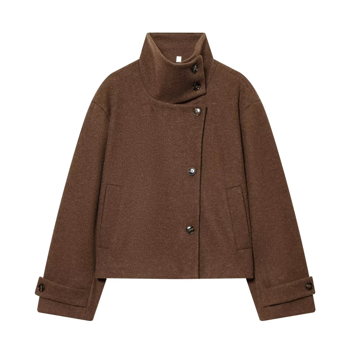 Cropped Wool Blend Jacket with Buckle Collar for Women 10