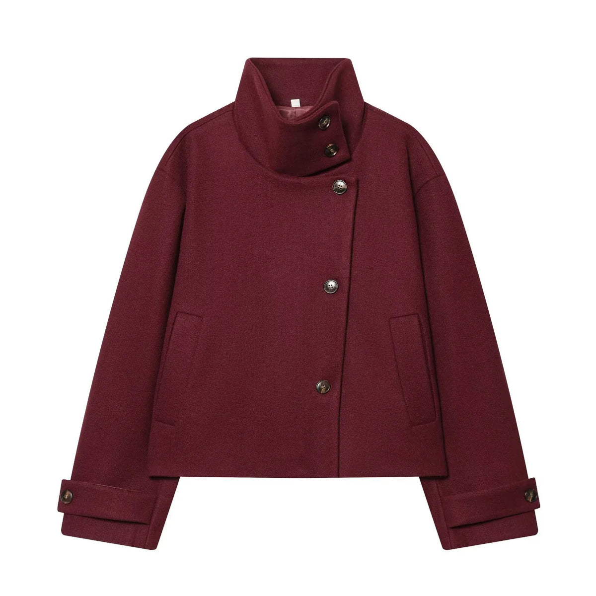 Cropped Wool Blend Jacket with Buckle Collar for Women 9
