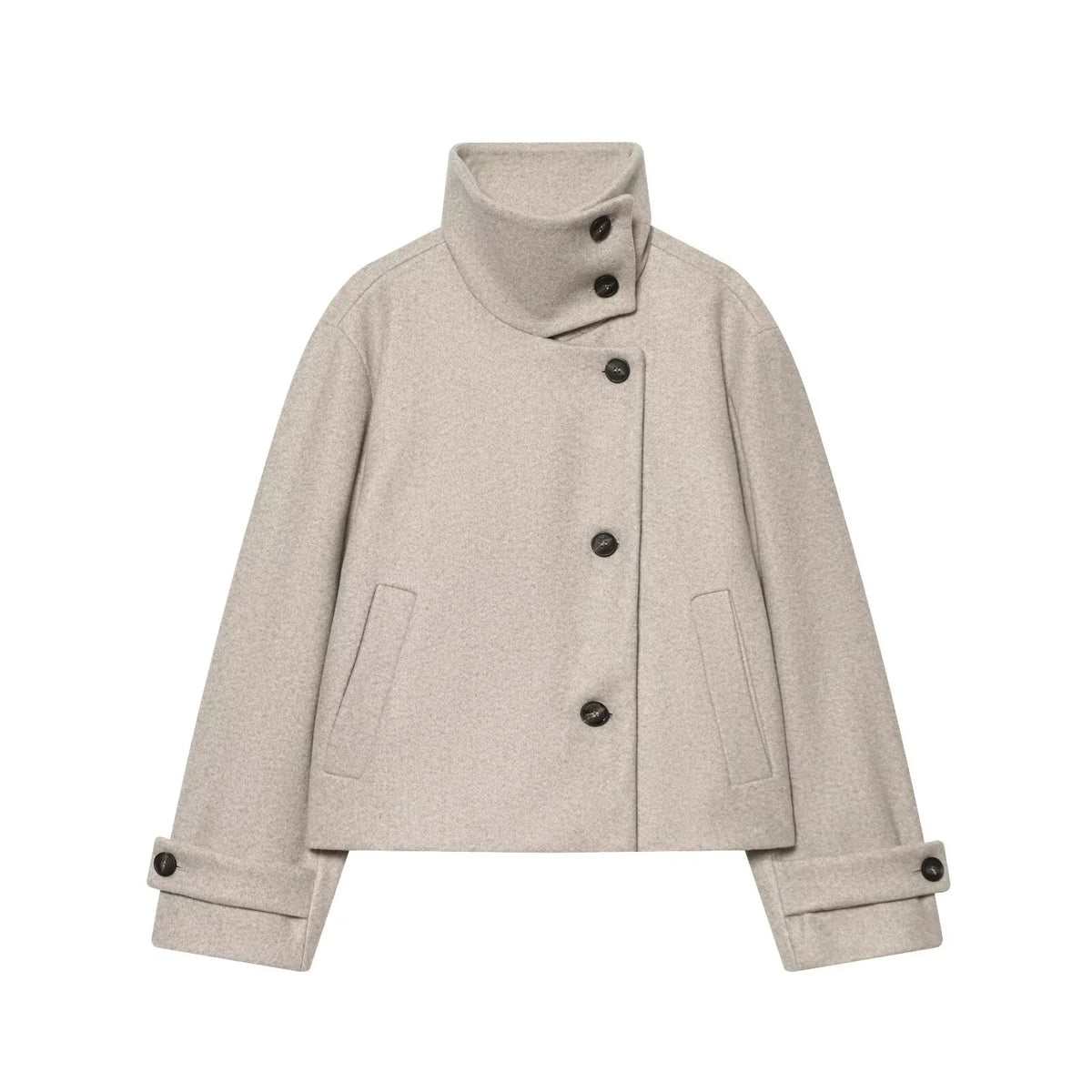 Cropped Wool Blend Jacket with Buckle Collar for Women 8