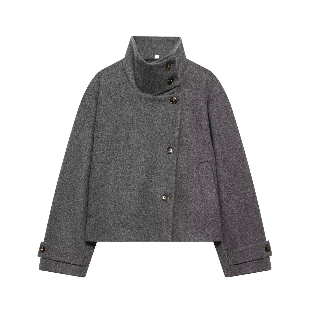 Cropped Wool Blend Jacket with Buckle Collar for Women 7