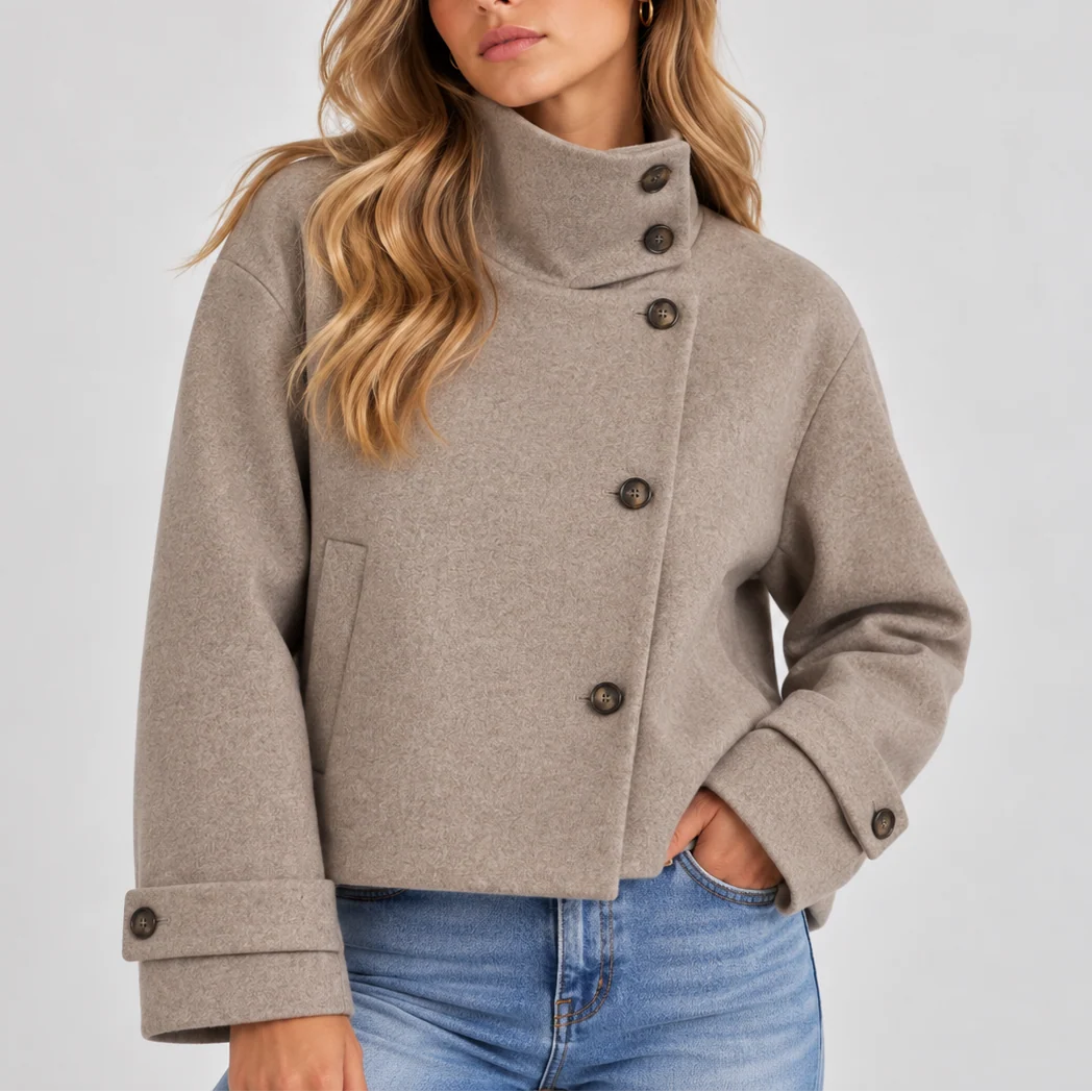 Cropped Wool Jacket with High Neck and Button Front 0