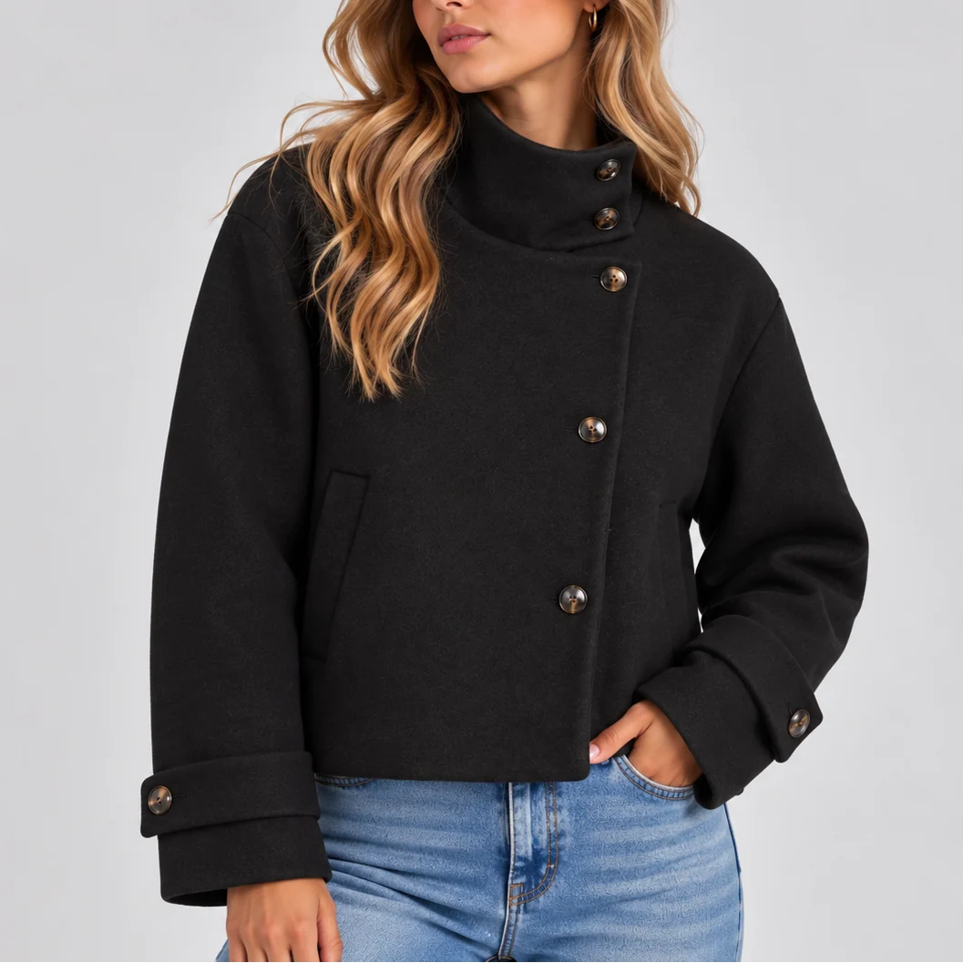 Cropped Wool Jacket with High Neck and Button Front 3