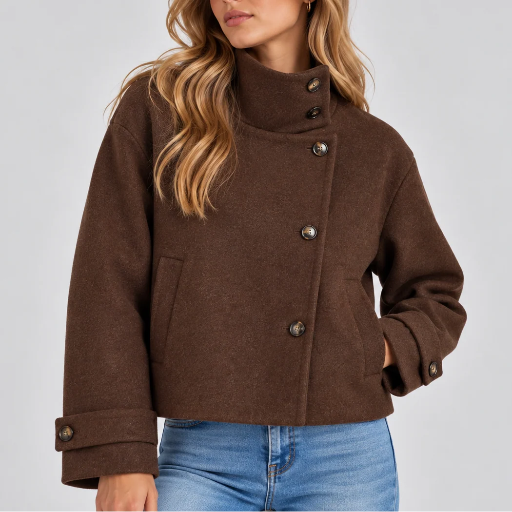 Cropped Wool Jacket with High Neck and Button Front 2