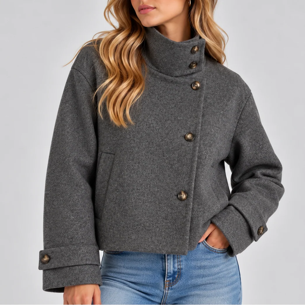 Cropped Wool Jacket with High Neck and Button Front 4