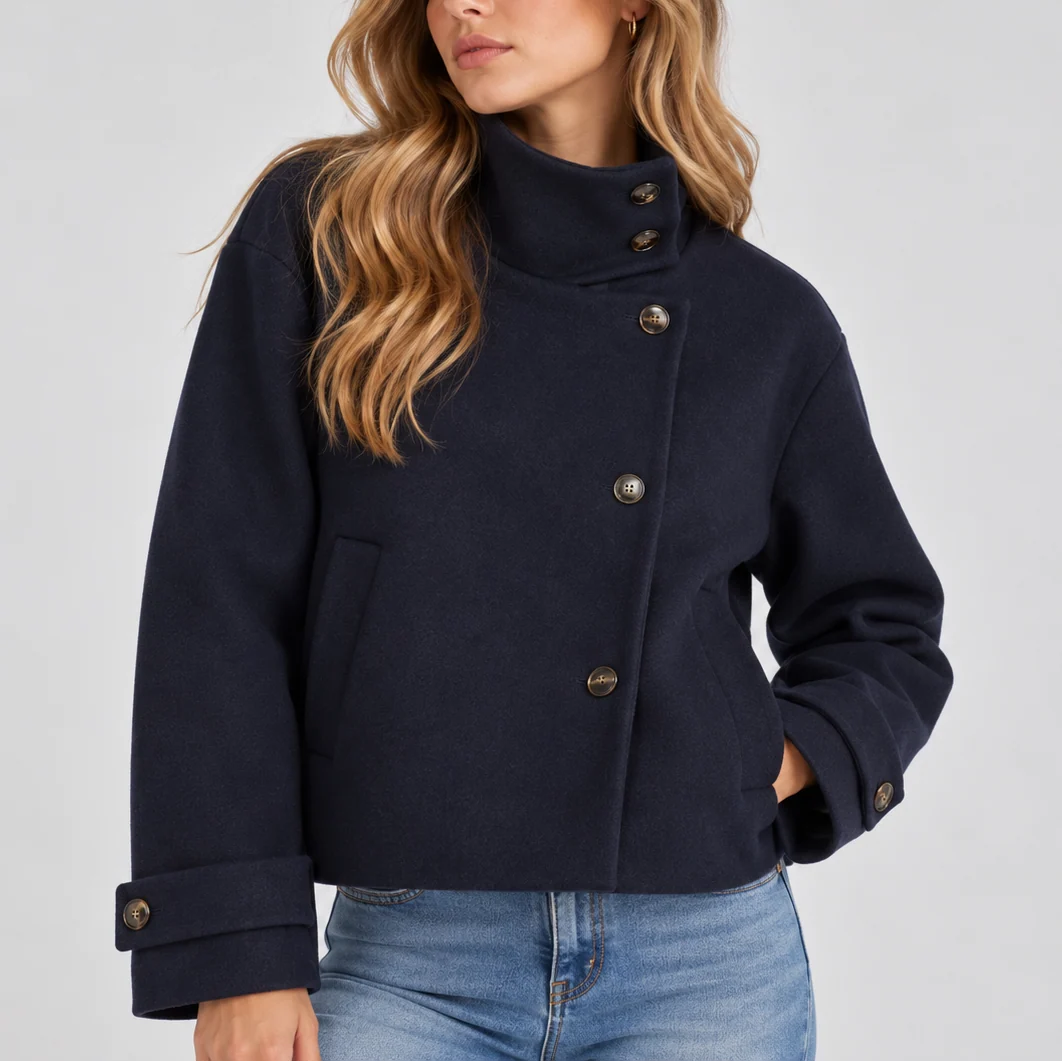 Cropped Wool Jacket with High Neck and Button Front 1