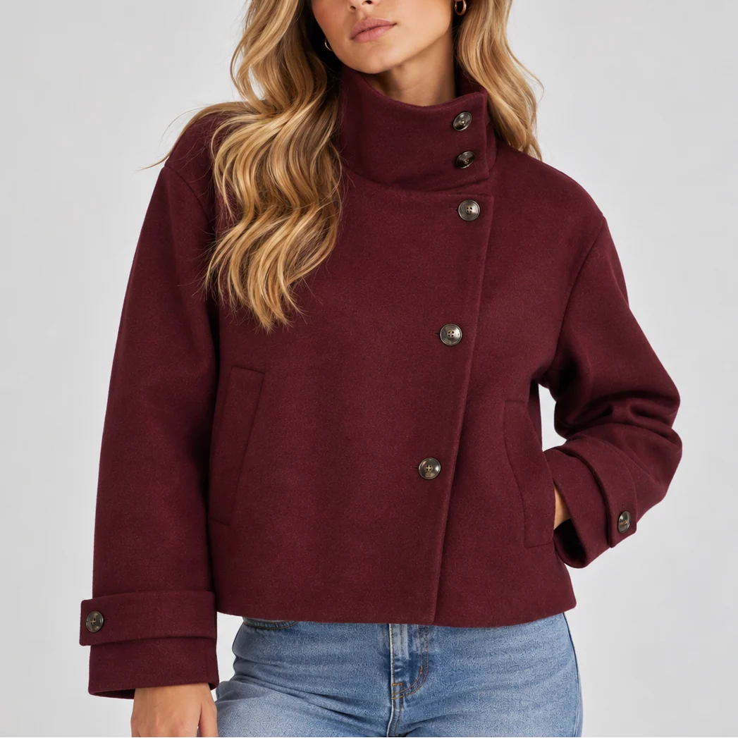 Cropped Wool Jacket with High Neck and Button Front 5
