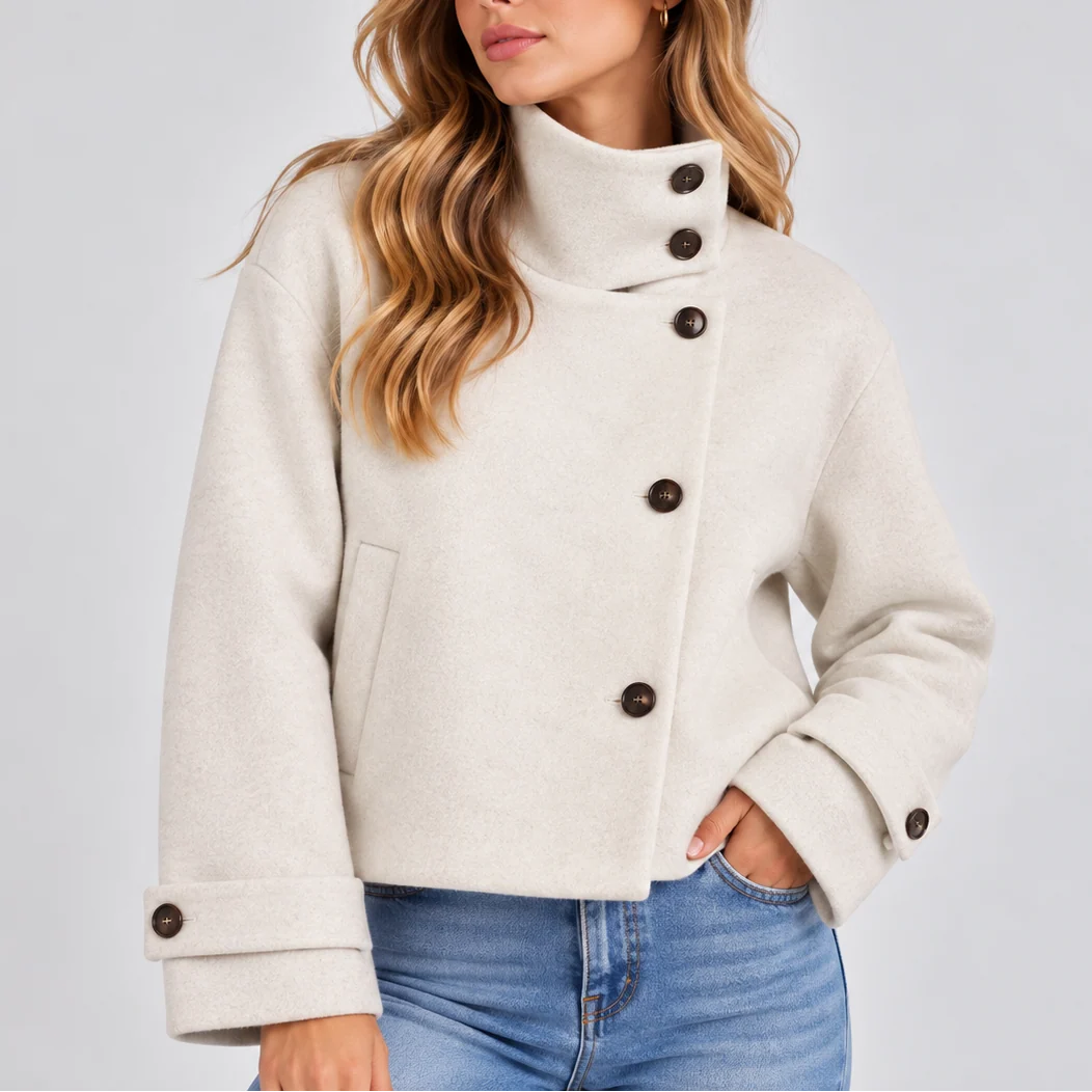 Cropped Wool Jacket with High Neck and Button Front 6