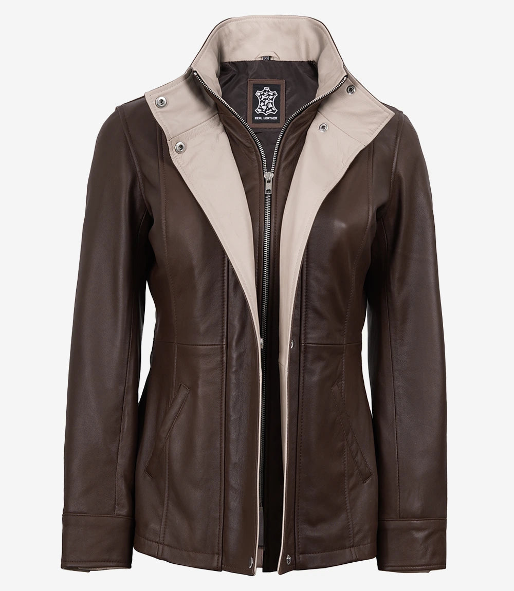 Dark Brown Leather Jacket for Women with Beige Accents-Leather Jackets-Glompi-Glompi