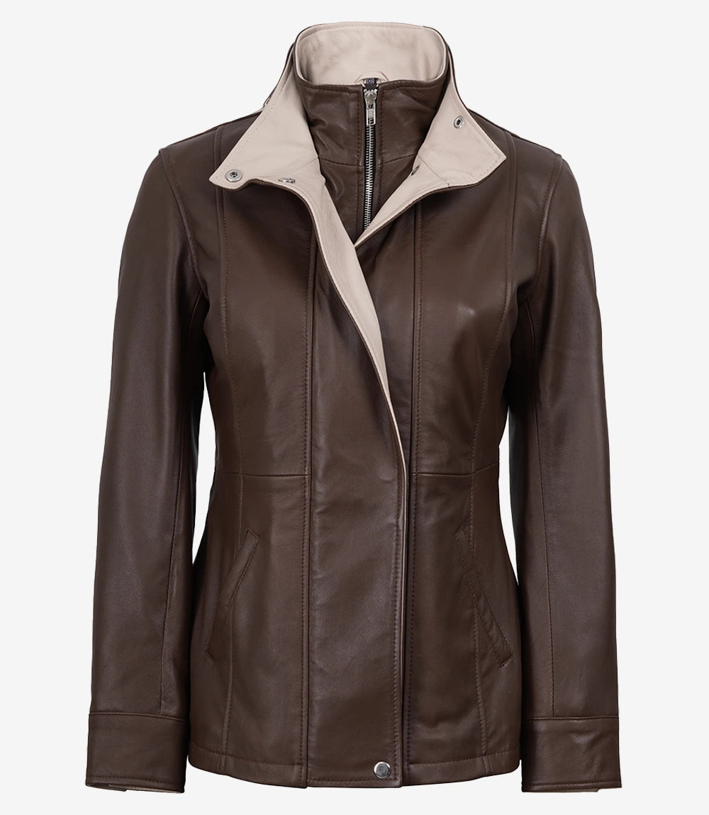 Dark Brown Leather Jacket for Women with Beige Accents-Leather Jackets-Glompi-Glompi