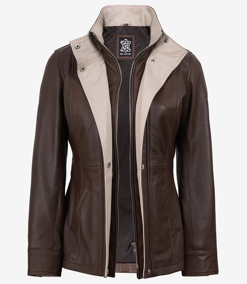 Dark Brown Leather Jacket for Women with Beige Accents-Leather Jackets-Glompi-Glompi