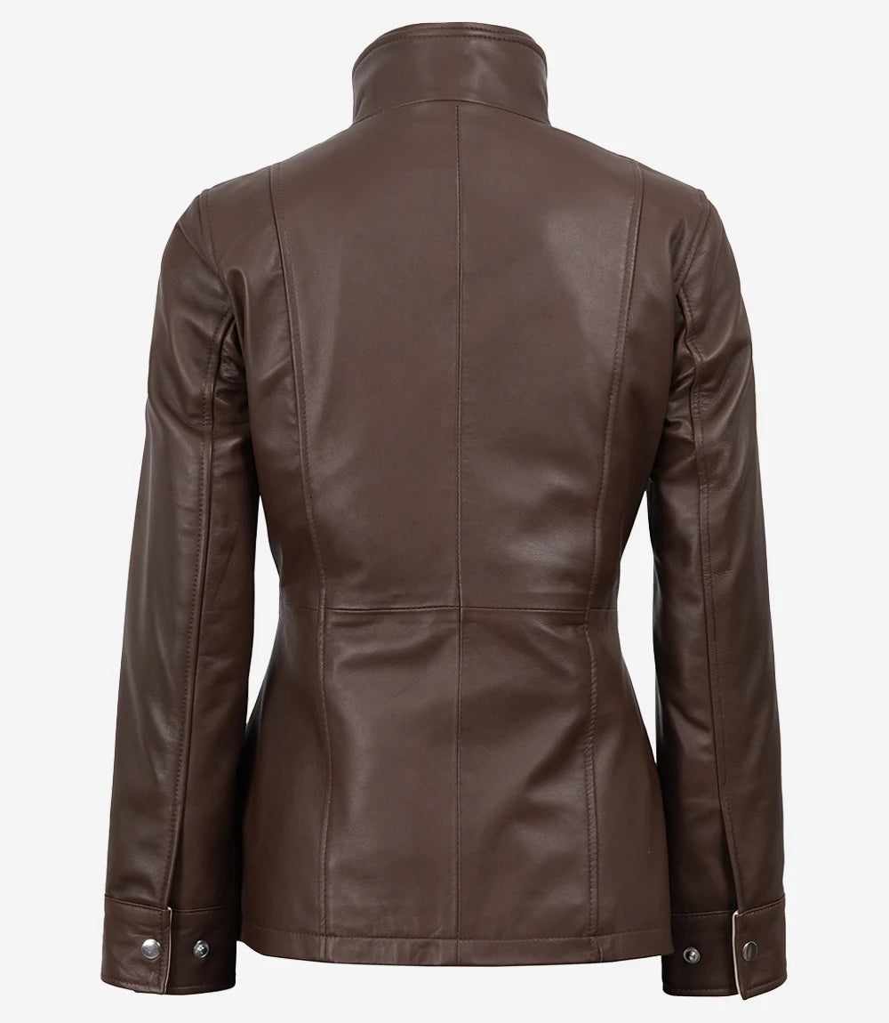 Dark Brown Leather Jacket for Women with Beige Accents-Leather Jackets-Glompi-Glompi