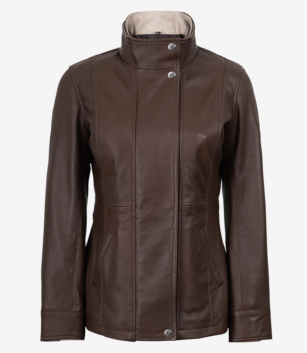 Dark Brown Leather Jacket for Women with Beige Accents-Leather Jackets-Glompi-Glompi