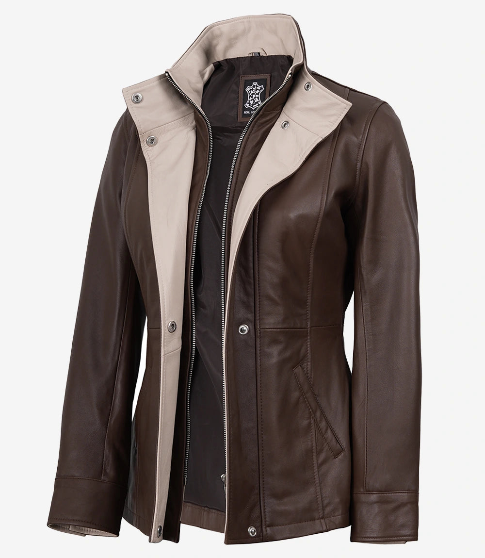 Dark Brown Leather Jacket for Women with Beige Accents-Leather Jackets-Glompi-XS-Glompi
