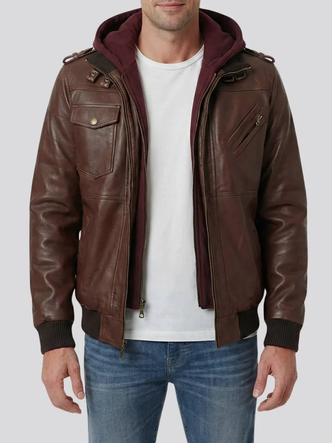 Dark Brown Hooded Men's Leather Bomber Jacket 0