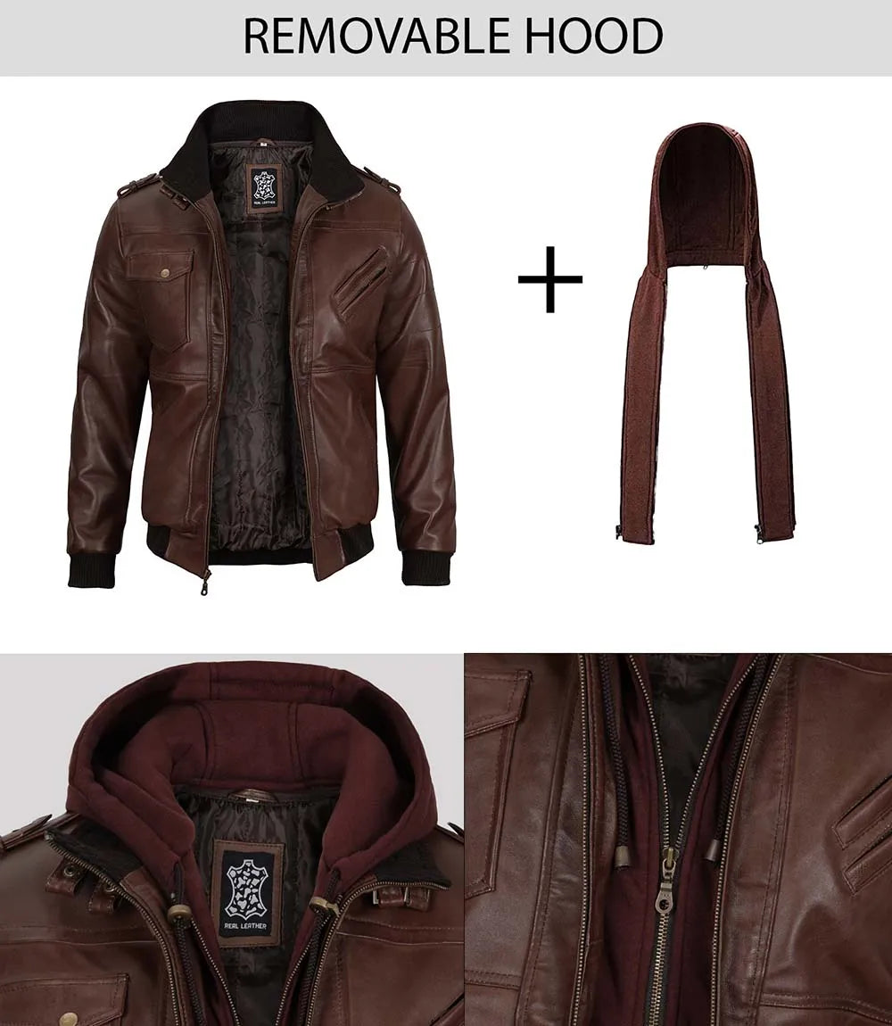 Dark Brown Hooded Men's Leather Bomber Jacket 1