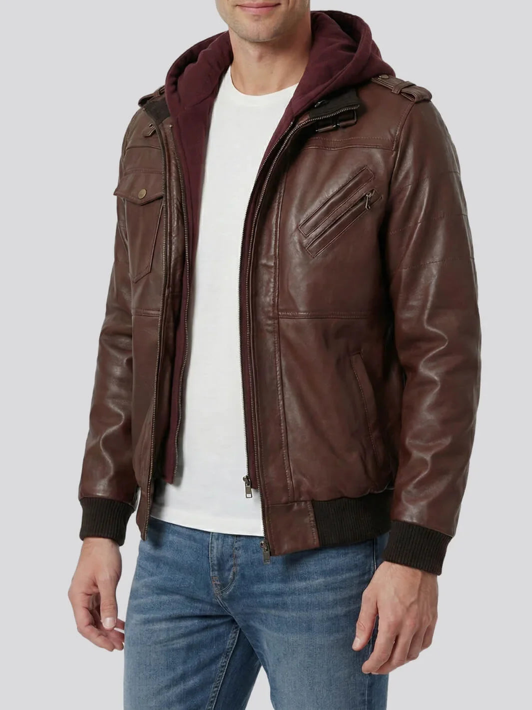 Dark Brown Hooded Men's Leather Bomber Jacket 3