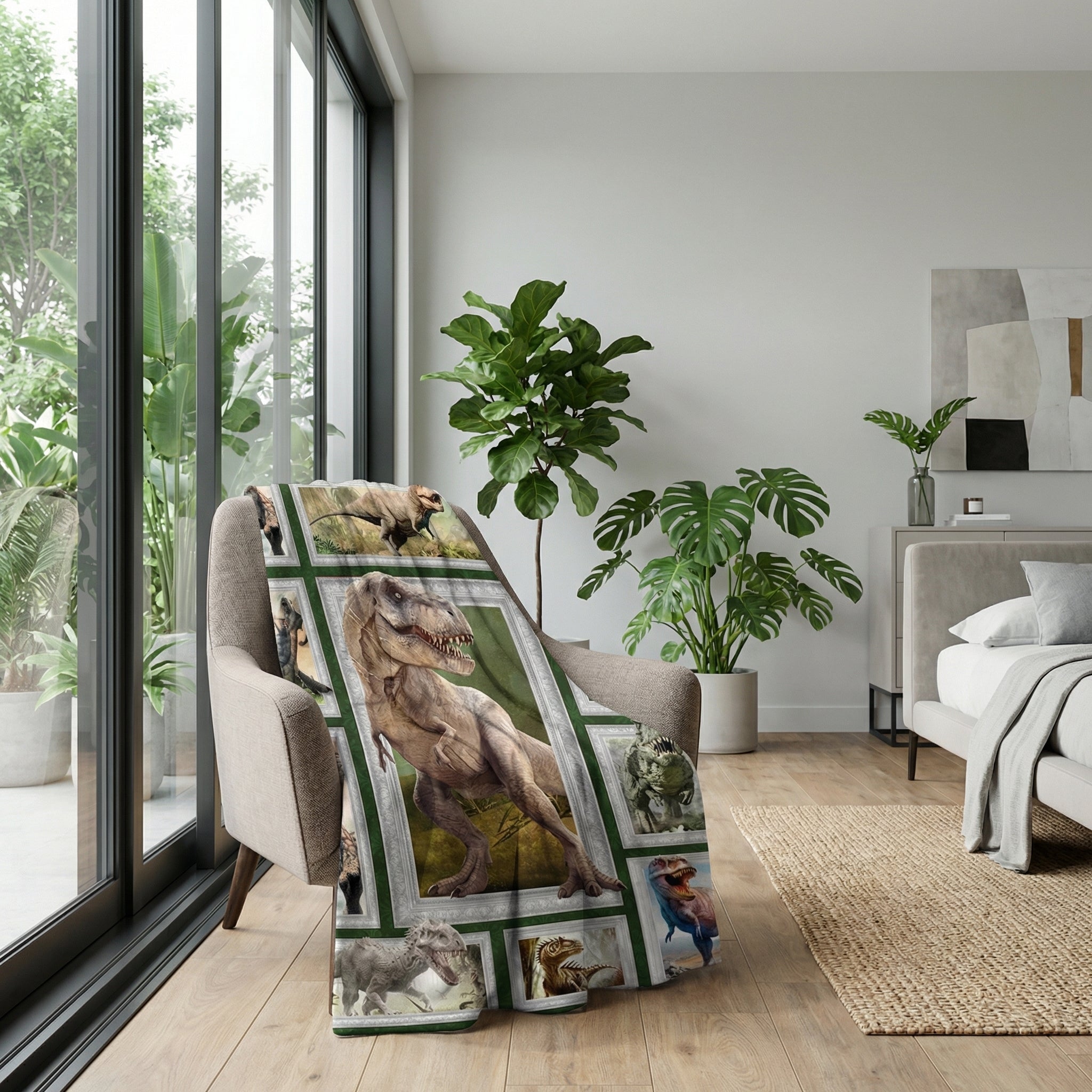 Cozy flannel fleece throw blanket with a vibrant dinosaur design, draped over a beige armchair in a modern room.