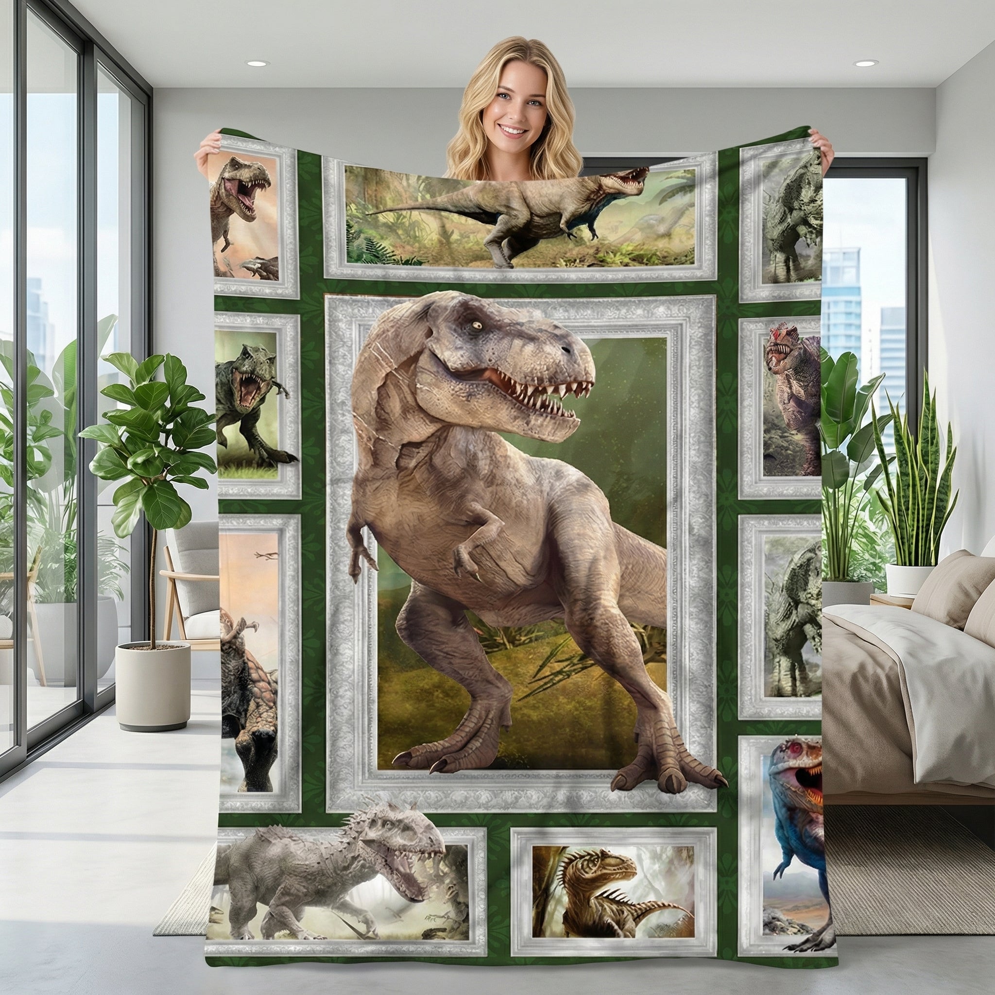 Smiling woman holding a large dinosaur fleece throw blanket with framed T-Rex and other dinosaur designs.