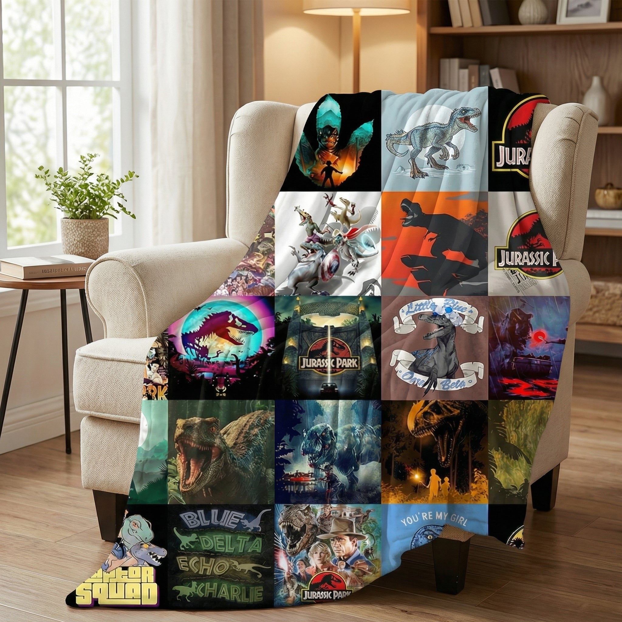 Vibrant Jurassic Park dinosaur fleece throw blanket draped over a cream armchair, featuring various movie scenes and logos.