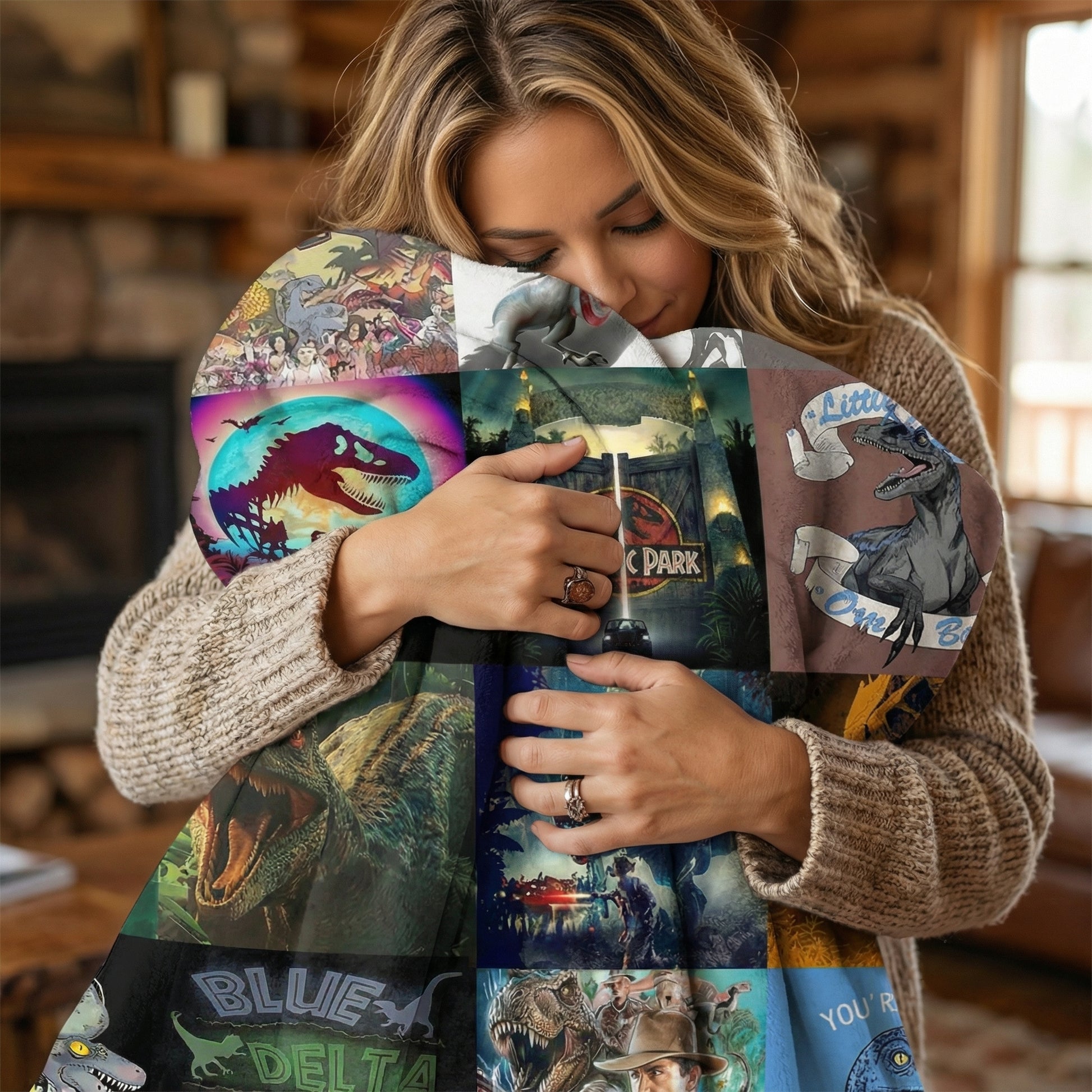 Woman hugging a soft flannel fleece throw blanket with vibrant dinosaur and Jurassic Park designs.