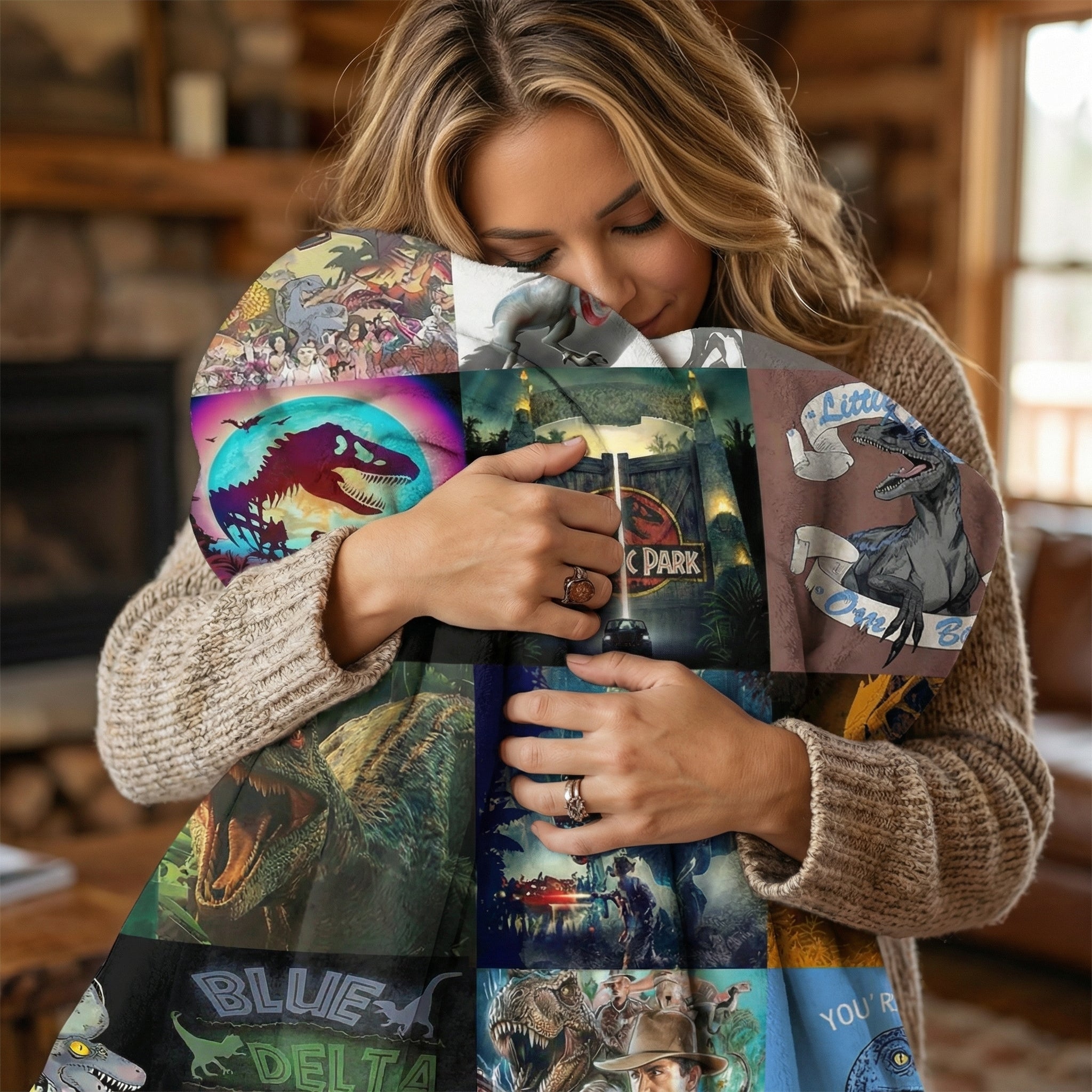 Woman hugging a soft flannel fleece throw blanket with vibrant dinosaur and Jurassic Park designs.