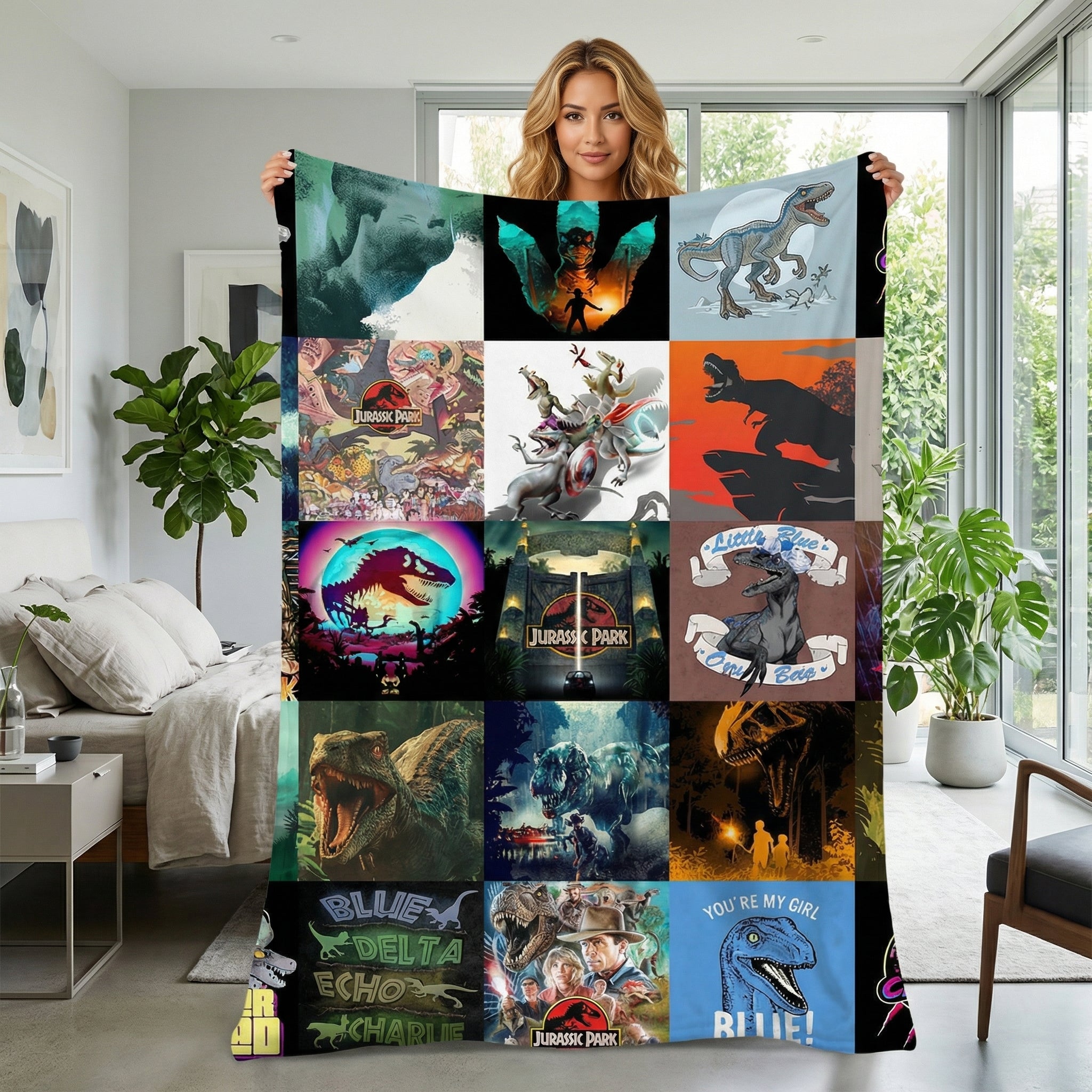 Woman holding a vibrant Jurassic Park dinosaur fleece throw blanket with various dino designs.