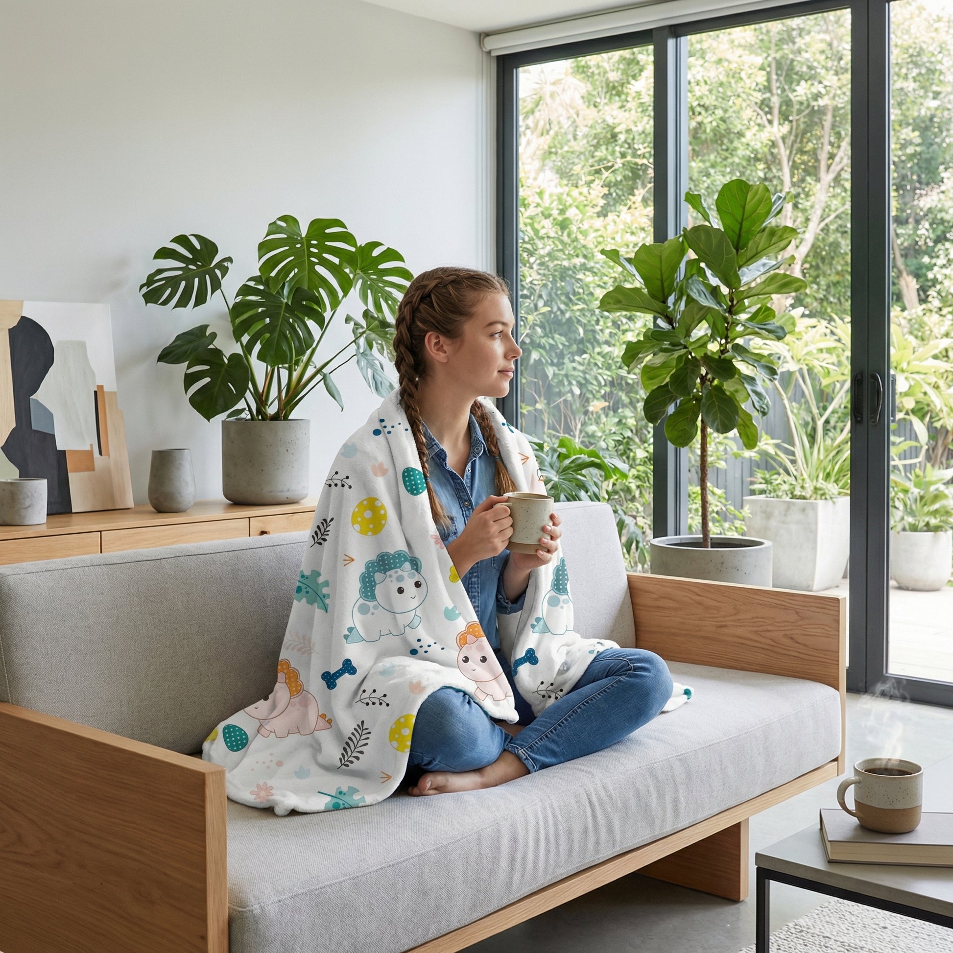 Woman on a sofa wrapped in a white flannel fleece throw blanket with colorful dinosaur patterns.