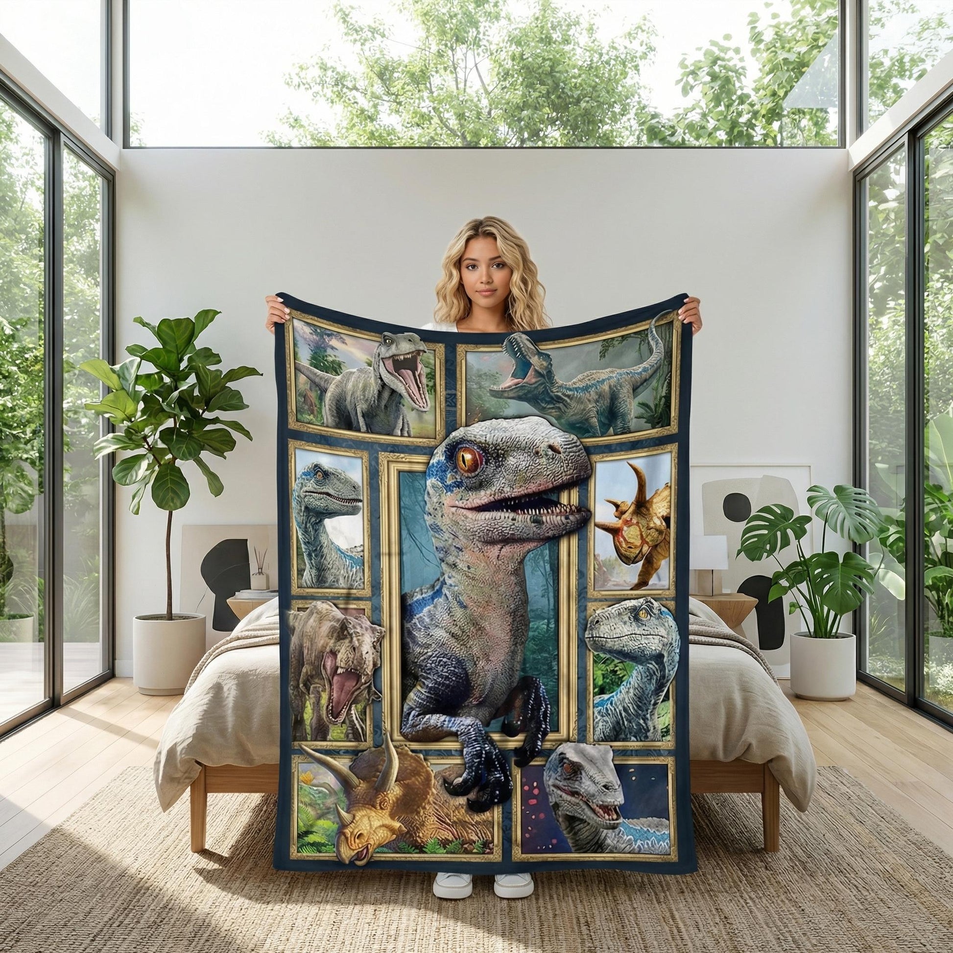 Blonde woman holding a vibrant dinosaur fleece throw blanket with multiple dinosaur designs in golden frames.