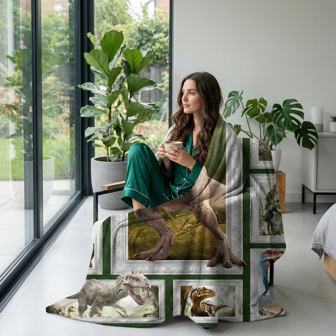 Woman in green pajamas wrapped in a soft flannel fleece dinosaur throw blanket with framed dinosaur images.