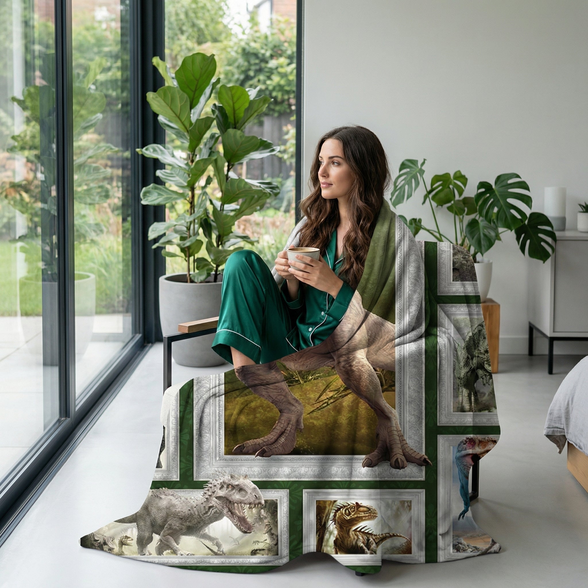 Woman in green pajamas wrapped in a soft flannel fleece dinosaur throw blanket with framed dinosaur images.
