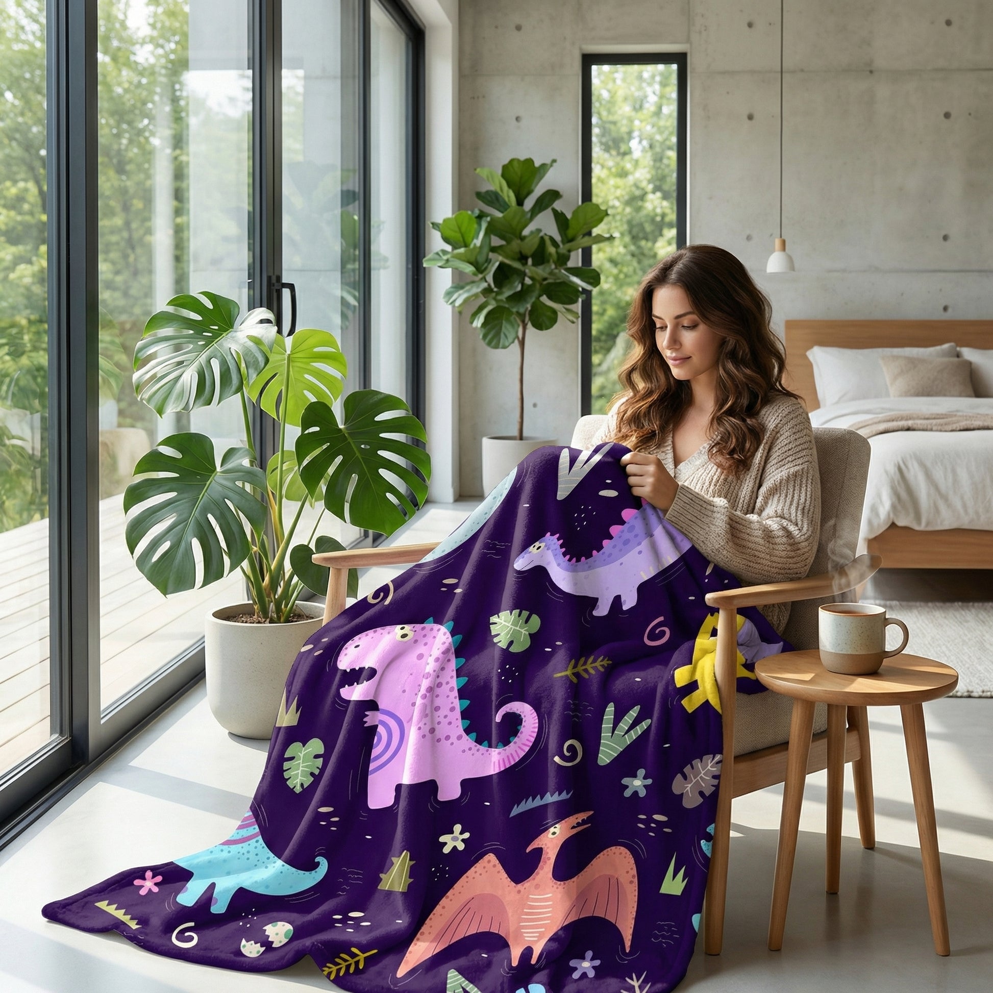 Woman relaxing with a soft, purple flannel fleece throw blanket featuring vibrant dinosaur patterns.