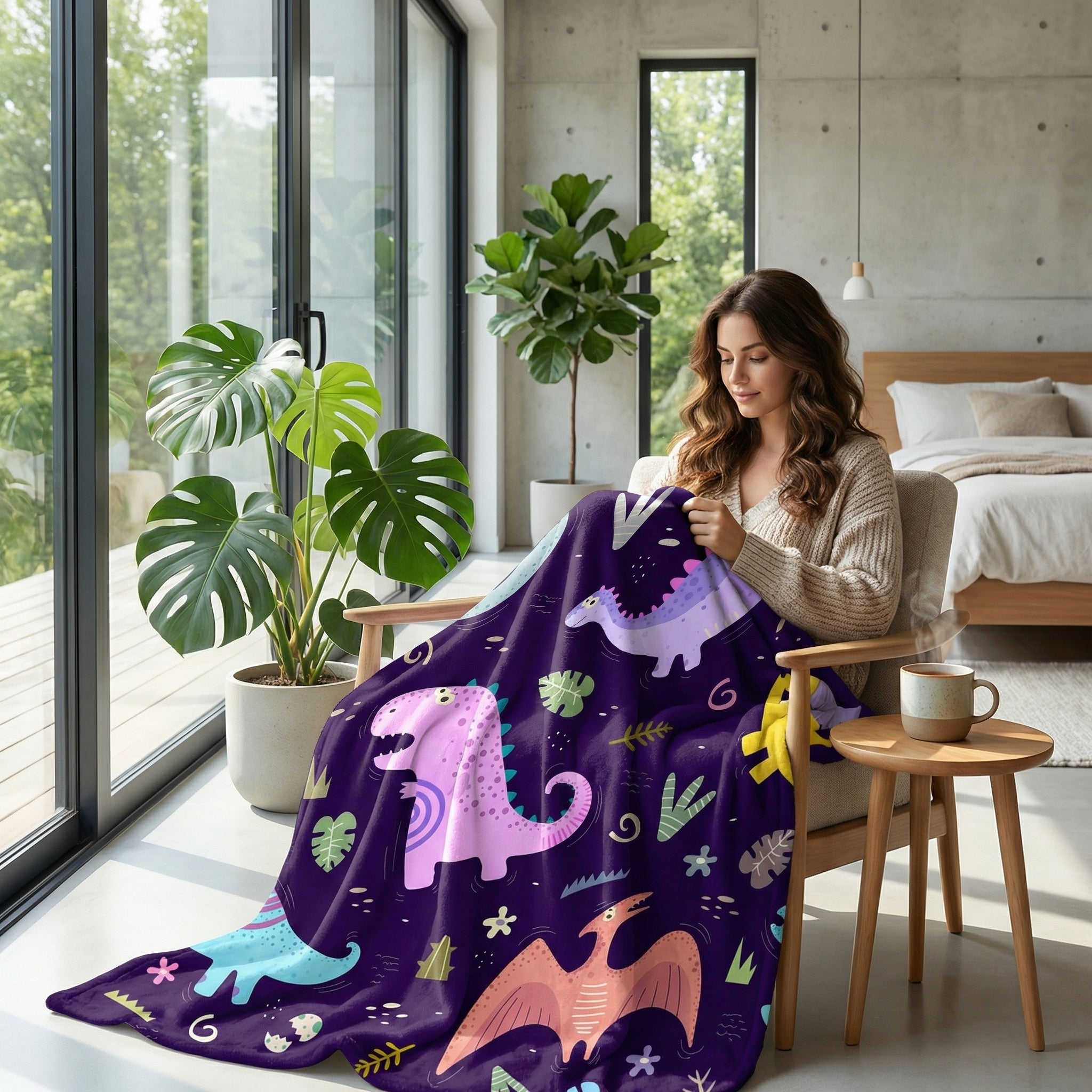 Woman relaxing with a soft, purple flannel fleece throw blanket featuring vibrant dinosaur patterns.